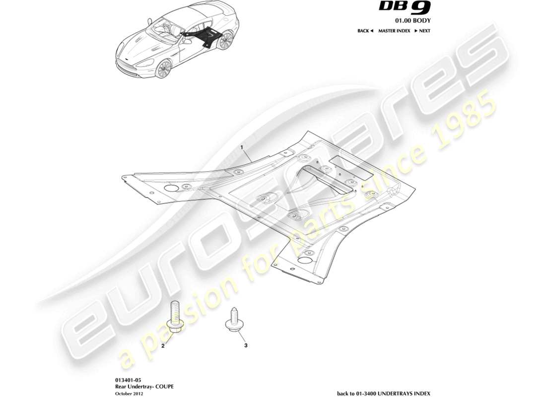 aston martin db9 (2015) bandeja inferior trasera, diagrama de piezas del cupé