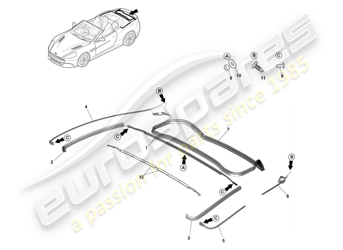 aston martin vanquish (2013) burletes de cierre trasero, volante diagrama de piezas