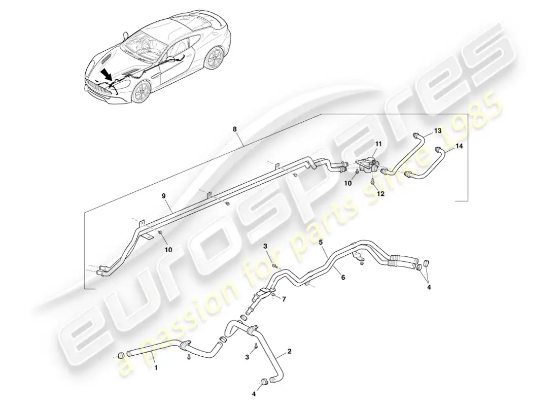 aston martin vanquish (2014) tubos de enfriador de aceite de transmisión diagrama de piezas