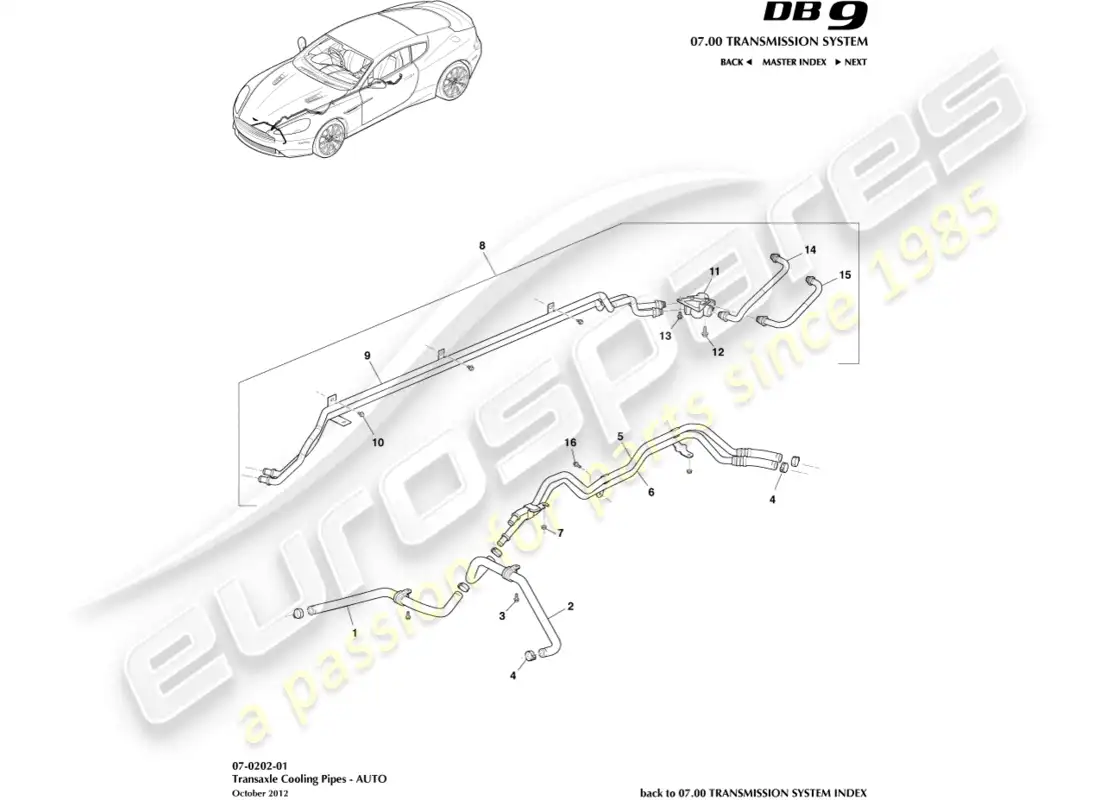 aston martin db9 (2016) tubos de enfriador de aceite de transmisión diagrama de piezas
