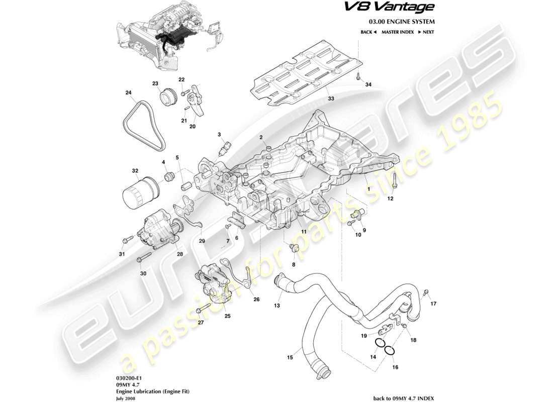 aston martin v8 vantage (2014) lubricación del motor, diagrama de piezas del motor