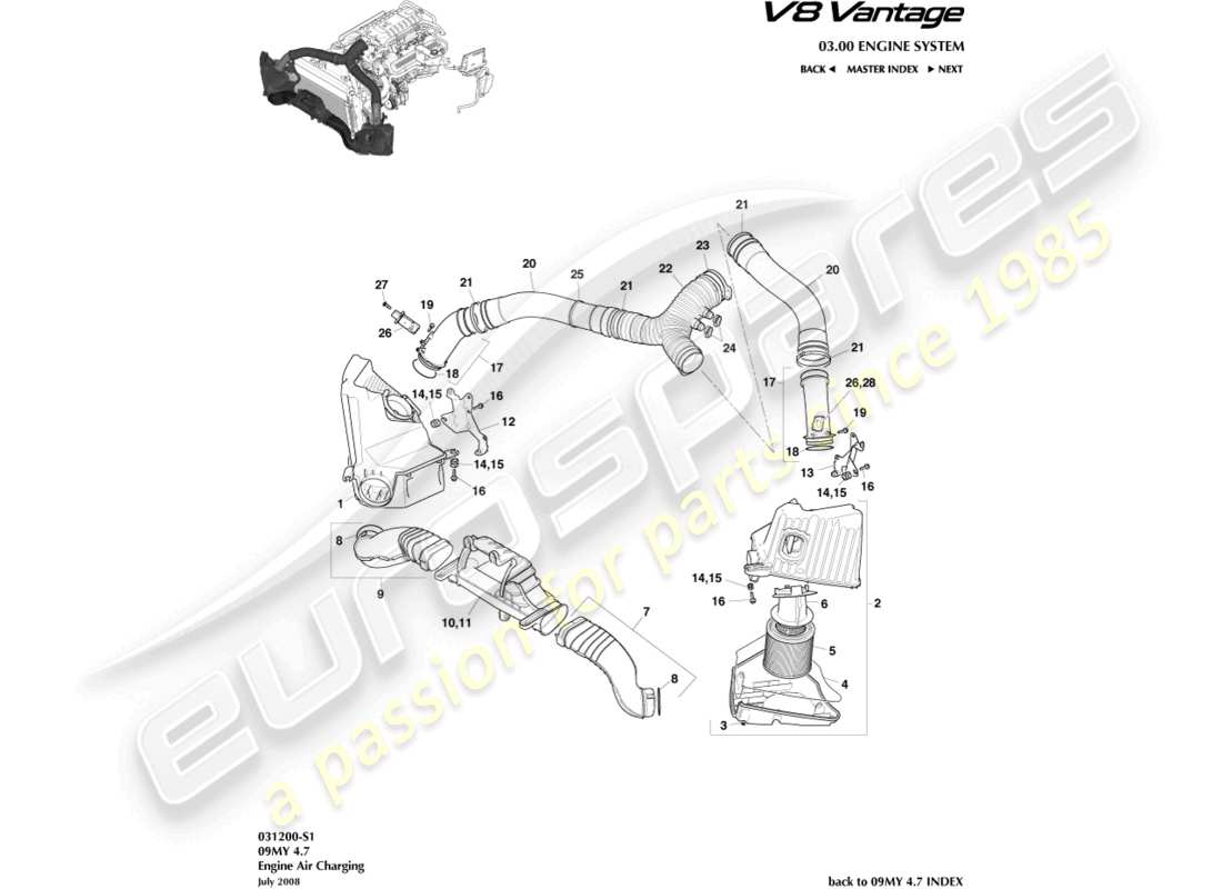 aston martin v8 vantage (2014) diagrama de piezas de carga de aire