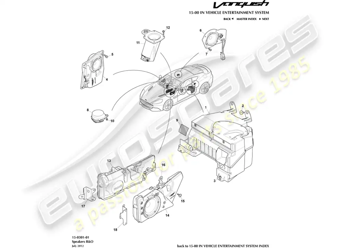 aston martin vanquish (2017) altavoces, b&o diagrama de piezas