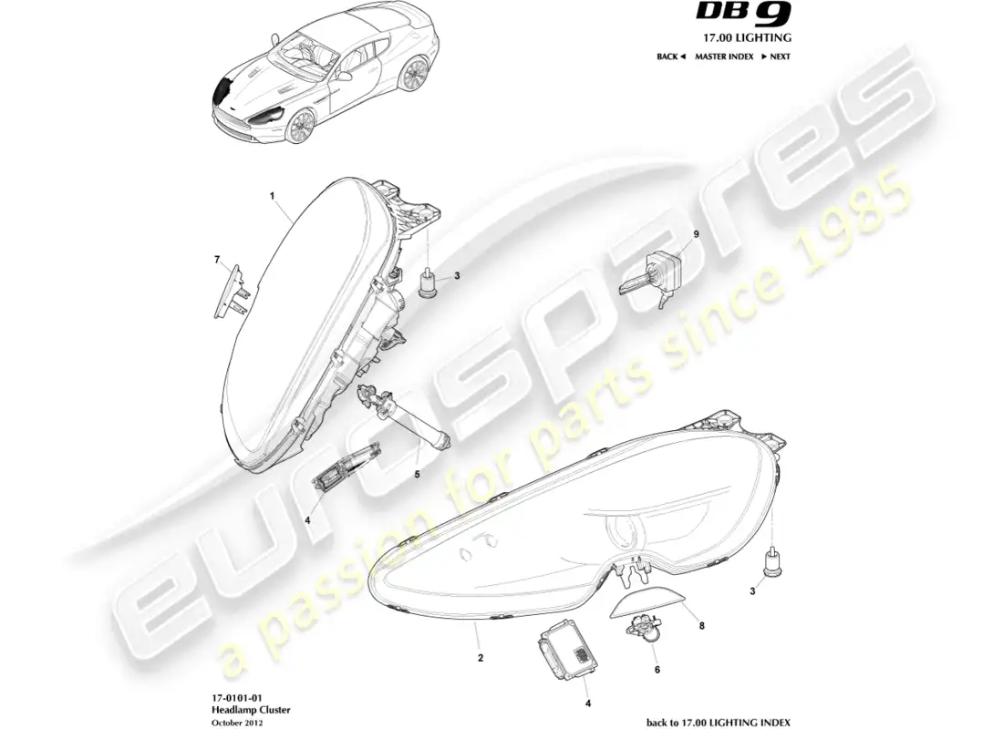 aston martin db9 (2017) faros diagrama de piezas