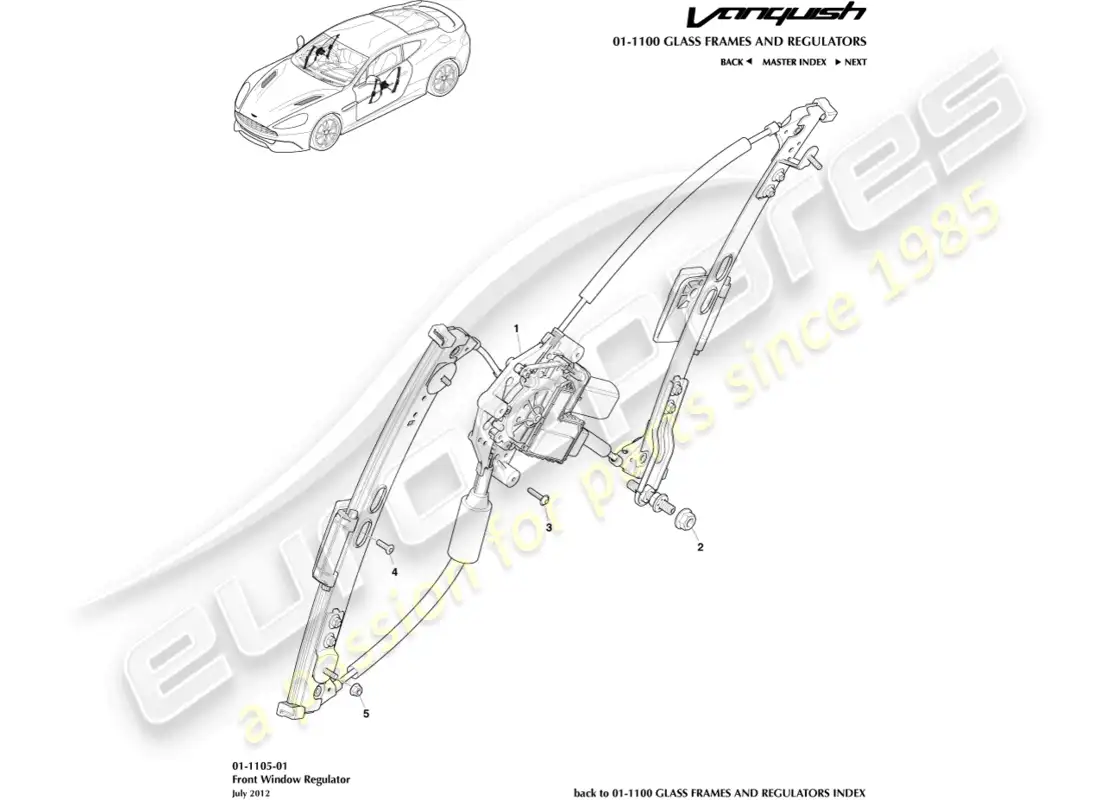 aston martin vanquish (2018) regulador de ventana delantera diagrama de piezas