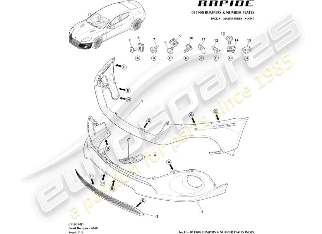 aston martin rapide (2017) parachoques delantero, amr diagrama de piezas
