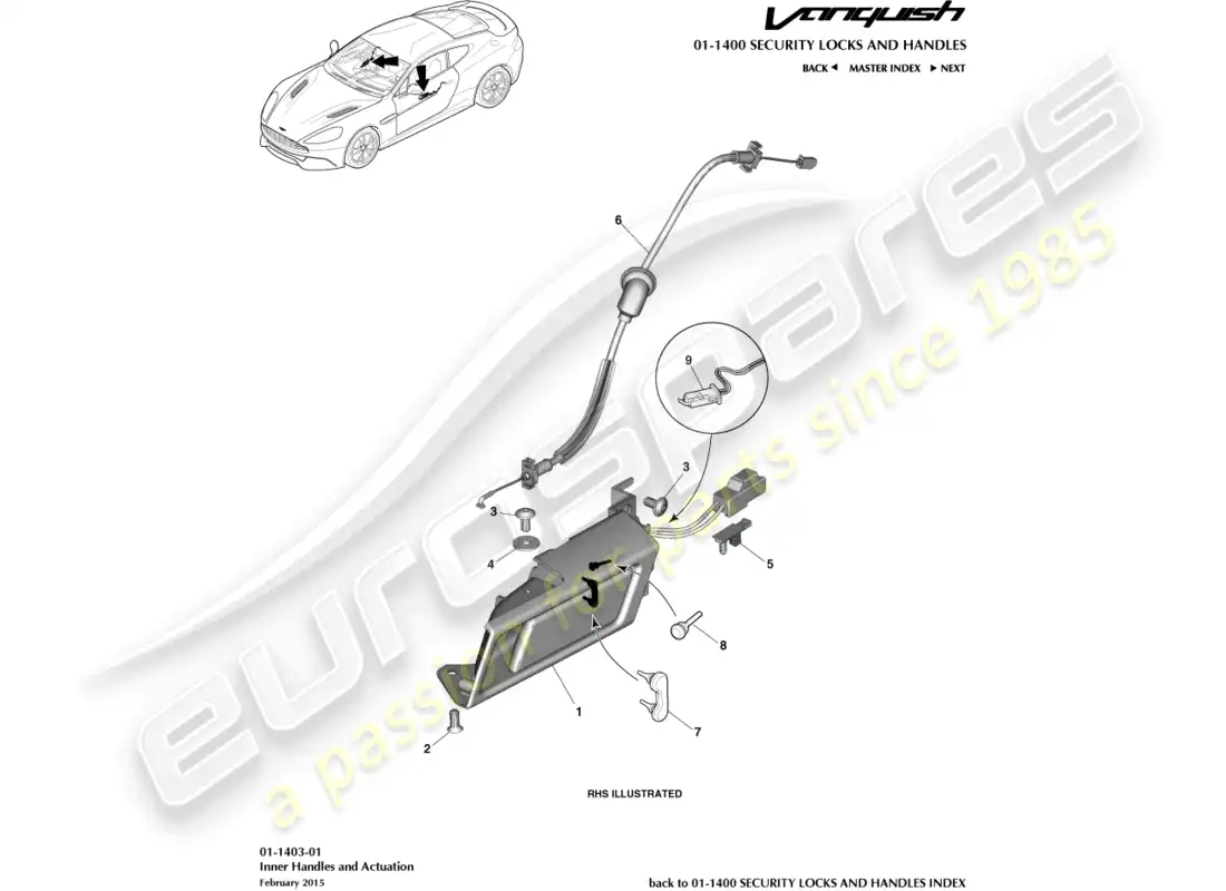 aston martin vanquish (2016) manijas interiores y accionamiento diagrama de piezas