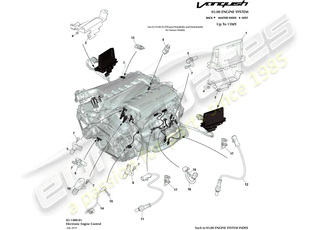 aston martin vanquish (2017) control electrónico del motor diagrama de piezas