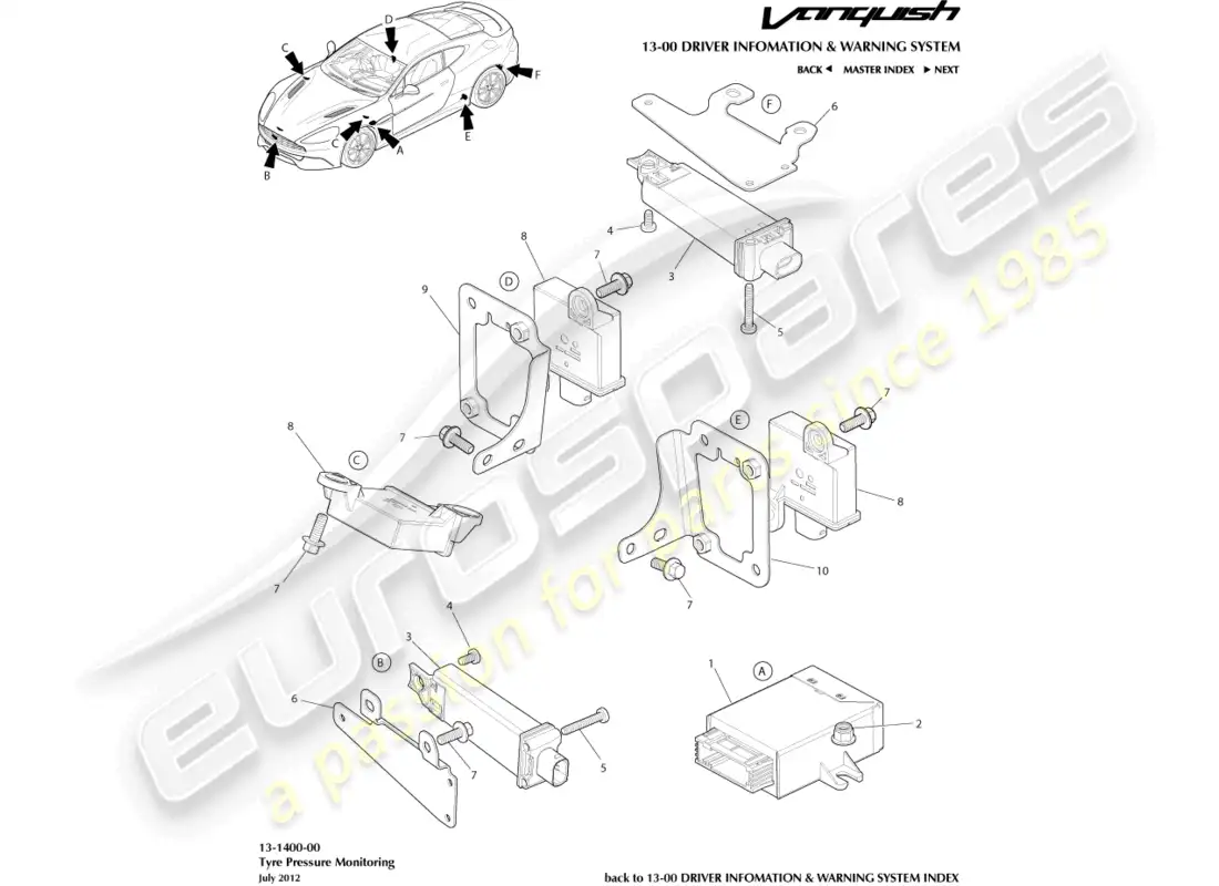 aston martin vanquish (2017) módulo de presión de neumáticos diagrama de piezas