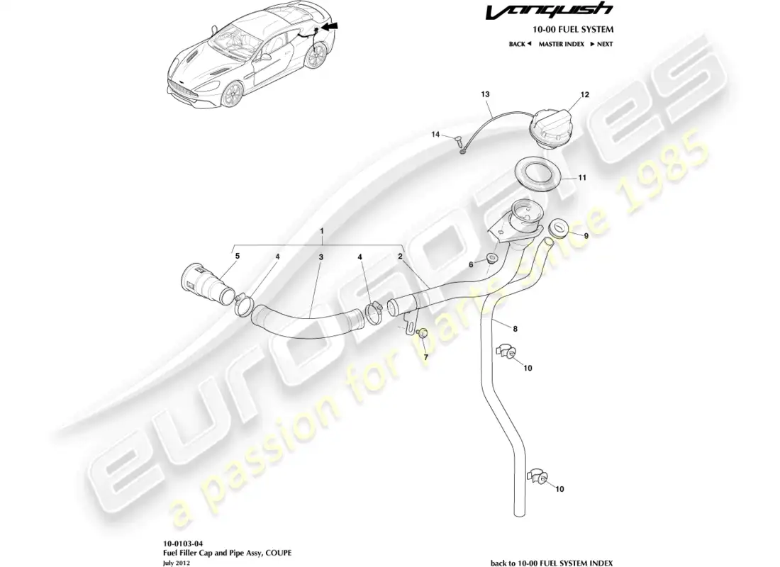 aston martin vanquish (2017) conjunto de llenado de combustible, cupé diagrama de piezas