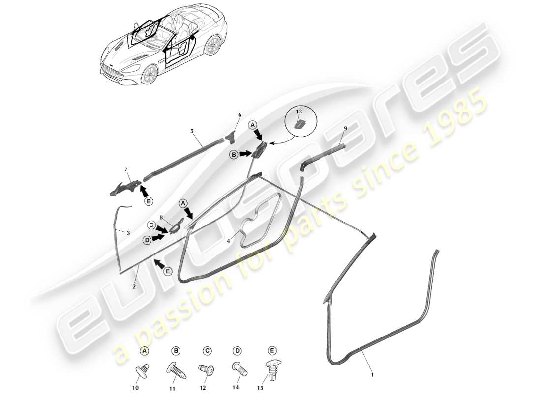 aston martin vanquish (2014) burletes para puertas, diagrama de piezas de volante