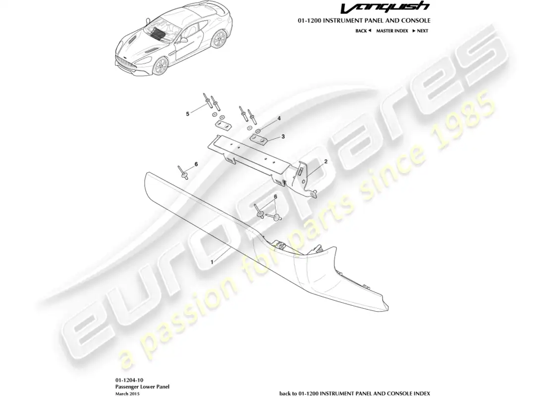 aston martin vanquish (2016) diagrama de piezas del panel inferior del pasajero