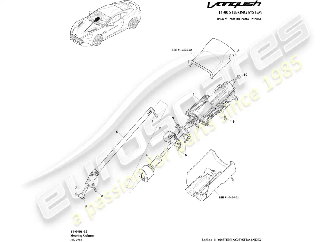 aston martin vanquish (2017) conjunto de columna de dirección diagrama de piezas