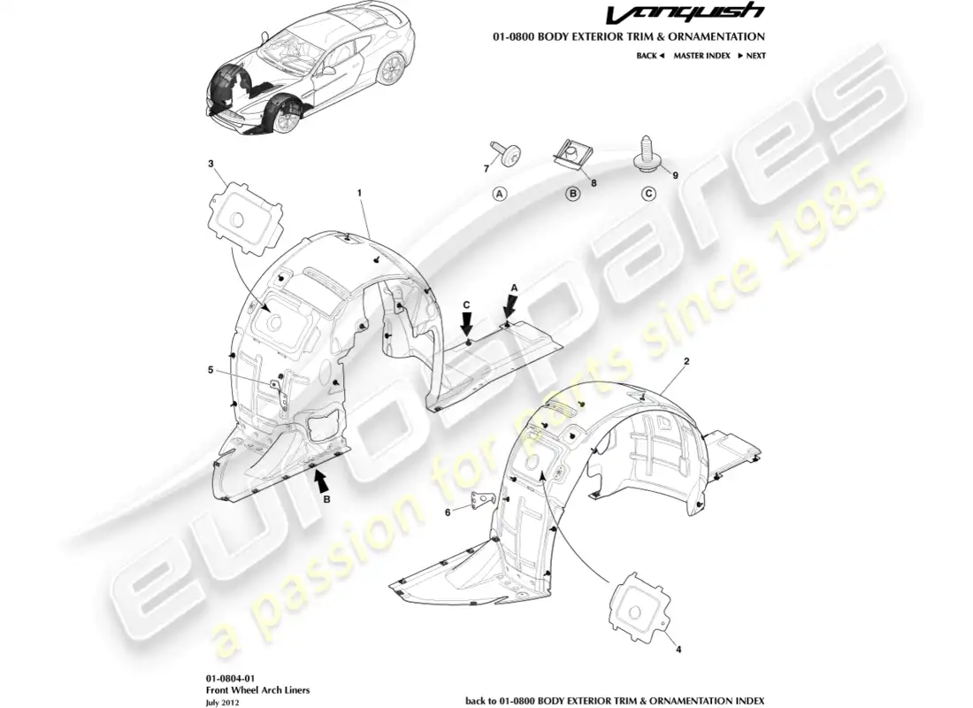 aston martin vanquish (2018) revestimientos de pasos de rueda delantera diagrama de piezas