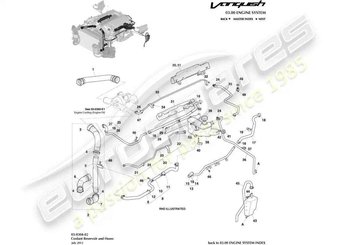 aston martin vanquish (2017) depósito de refrigerante y mangueras diagrama de piezas