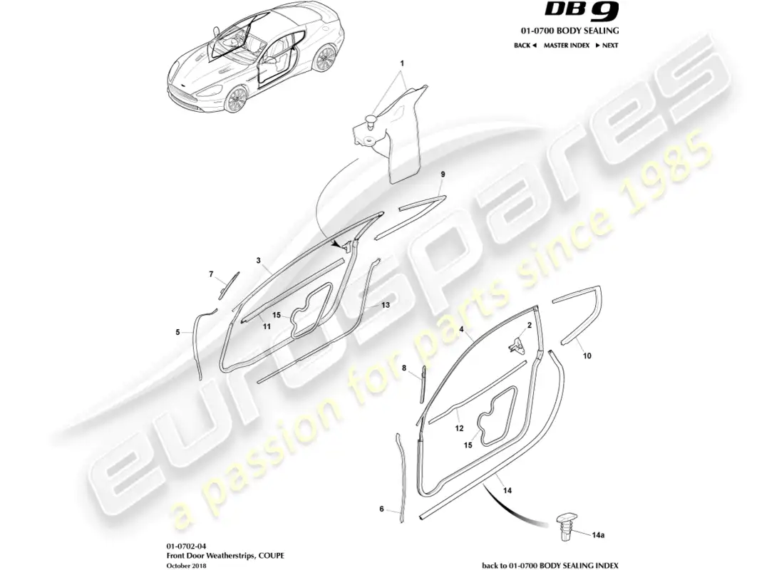 aston martin db9 (2015) burletes para puertas, coupé diagrama de piezas