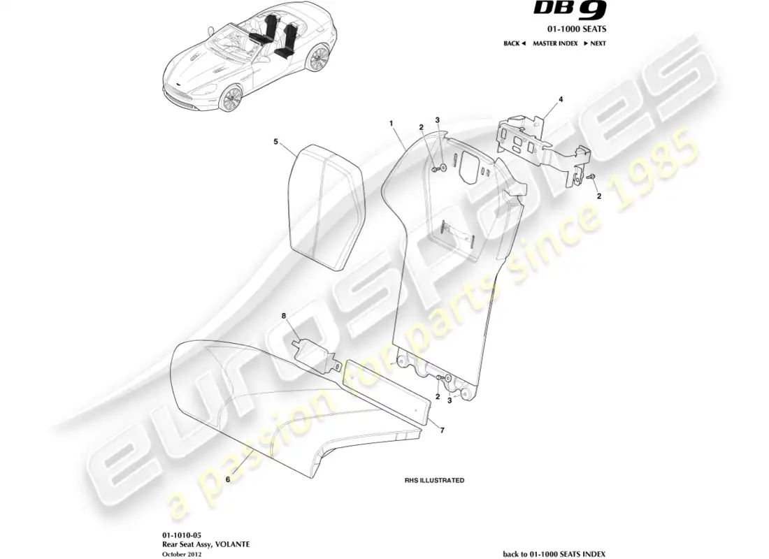 aston martin db9 (2014) asientos traseros, volante diagrama de piezas