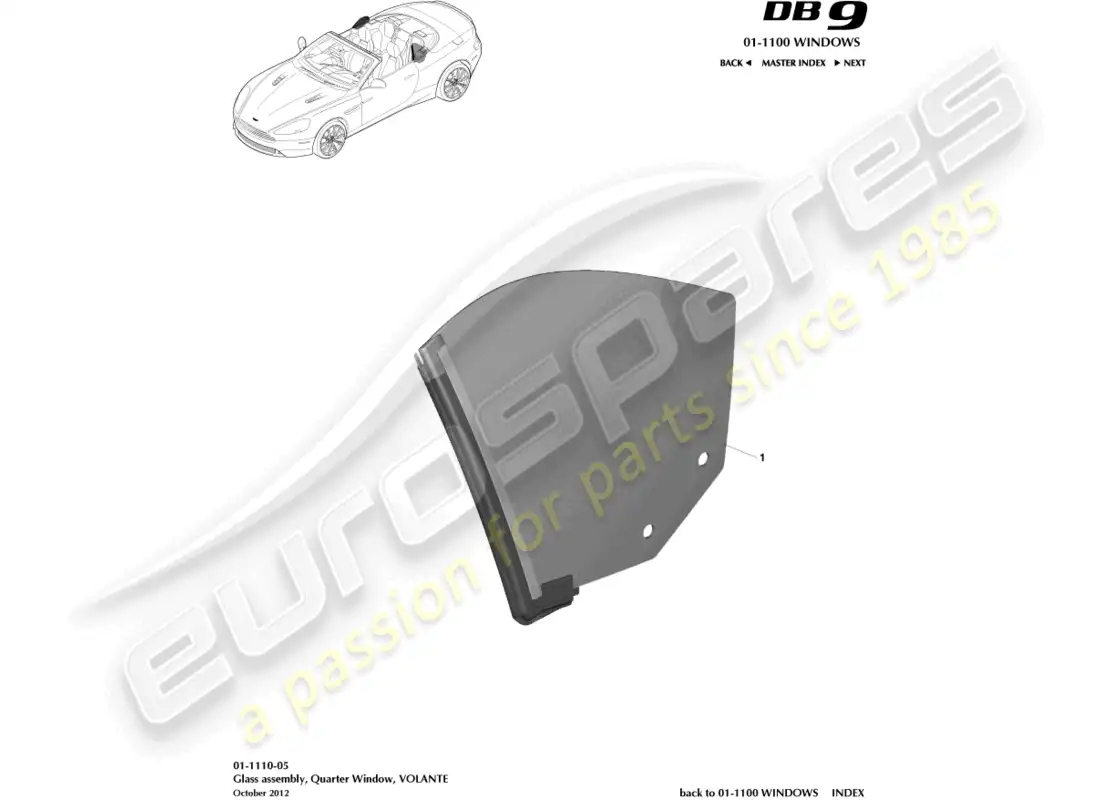 aston martin db9 (2014) vidrio del cuarto trasero, volante diagrama de piezas
