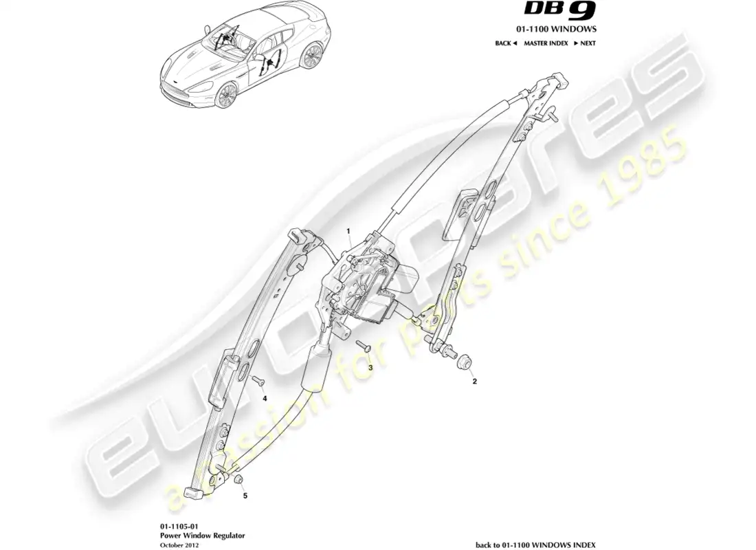aston martin db9 (2014) regulador de ventana delantera diagrama de piezas