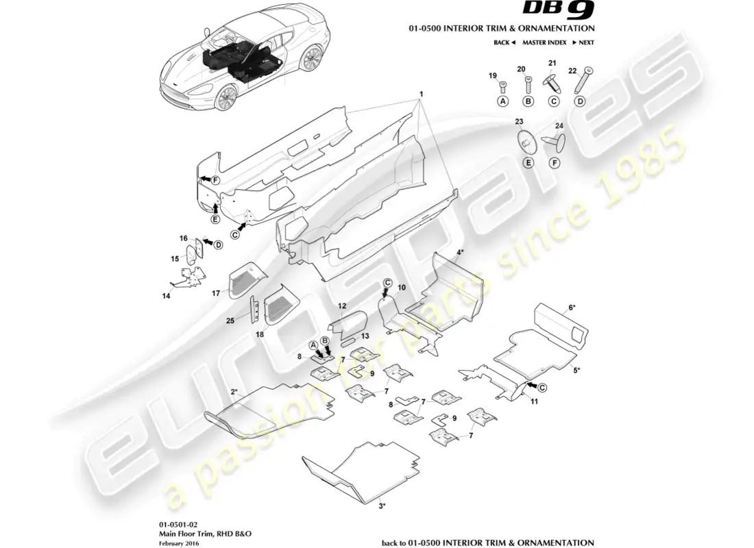 aston martin db9 (2013) moldura del piso principal, derecha, b&o diagrama de piezas