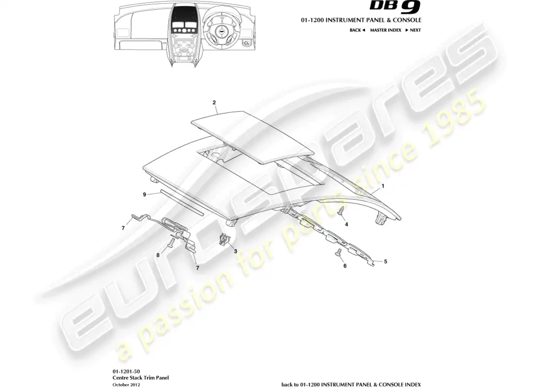 aston martin db9 (2013) panel de moldura de la consola central diagrama de piezas
