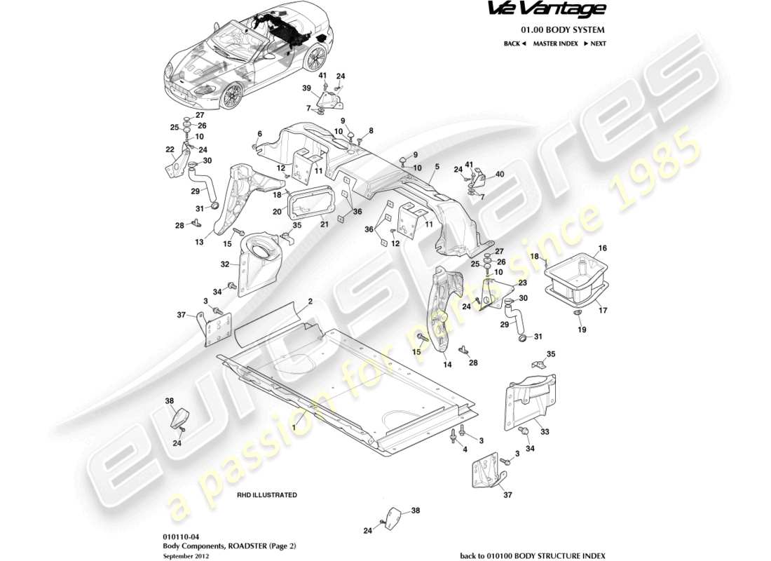 aston martin v12 vantage (2011) componentes de la carrocería, diagrama de piezas del roadster