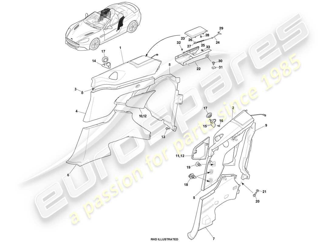 aston martin vanquish (2013) panel embellecedor del cuarto trasero, volante diagrama de piezas