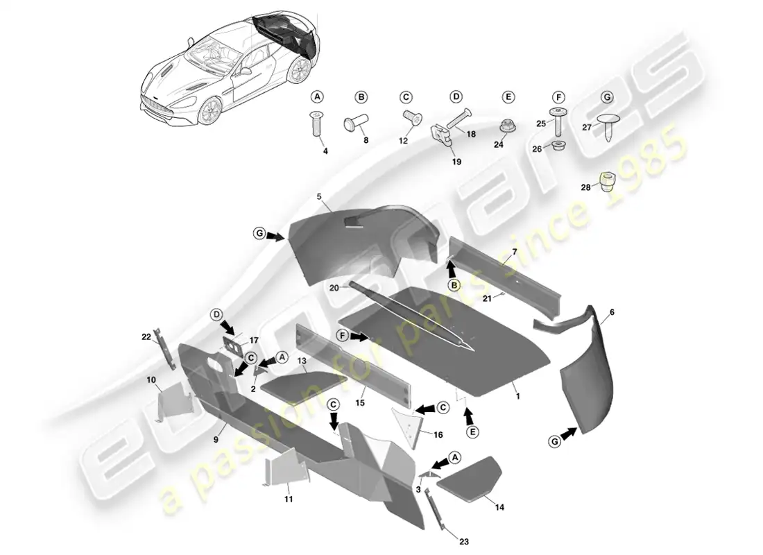 aston martin vanquish (2013) embellecedor del compartimento de carga, cupé diagrama de piezas