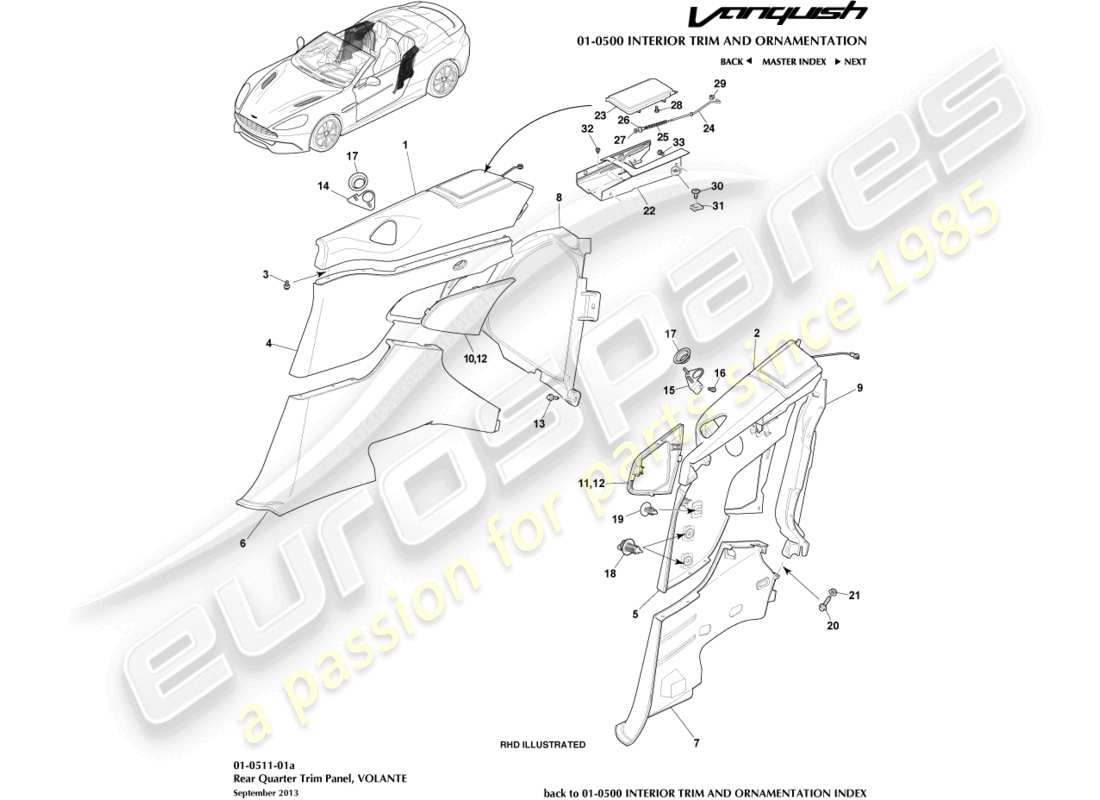aston martin vanquish (2015) panel embellecedor del cuarto trasero, volante diagrama de piezas