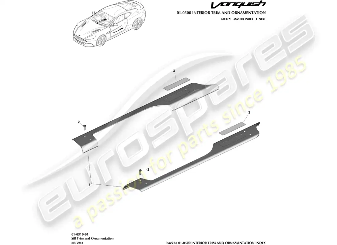 aston martin vanquish (2015) adornos y ornamentación del alféizar diagrama de piezas