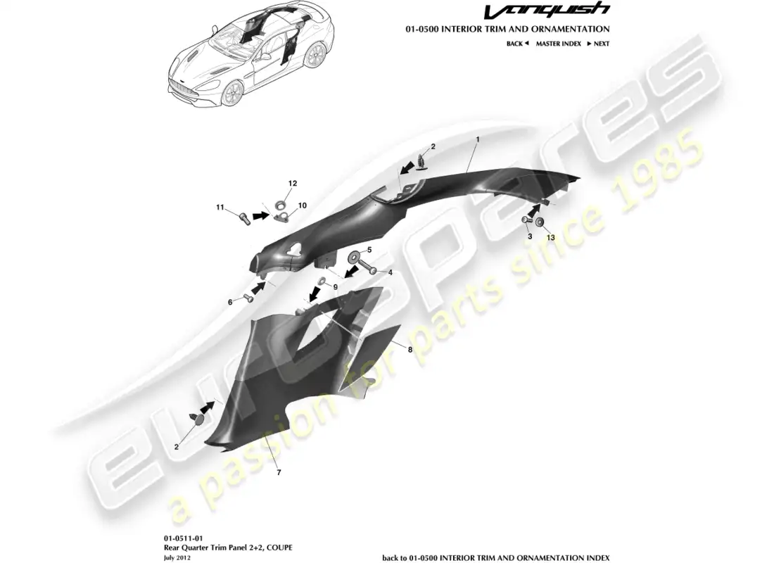 aston martin vanquish (2015) panel embellecedor del cuarto trasero 2+2 coupé diagrama de piezas