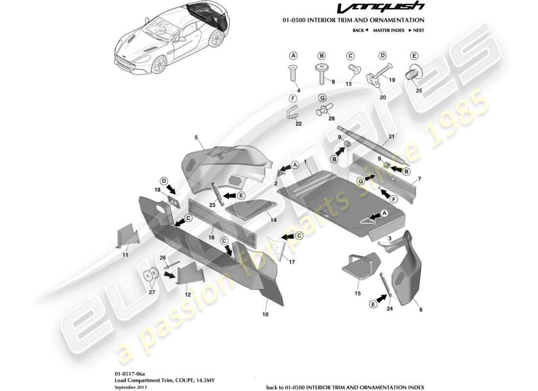aston martin vanquish (2015) embellecedor del compartimento de carga, cupé 14.5my diagrama de piezas