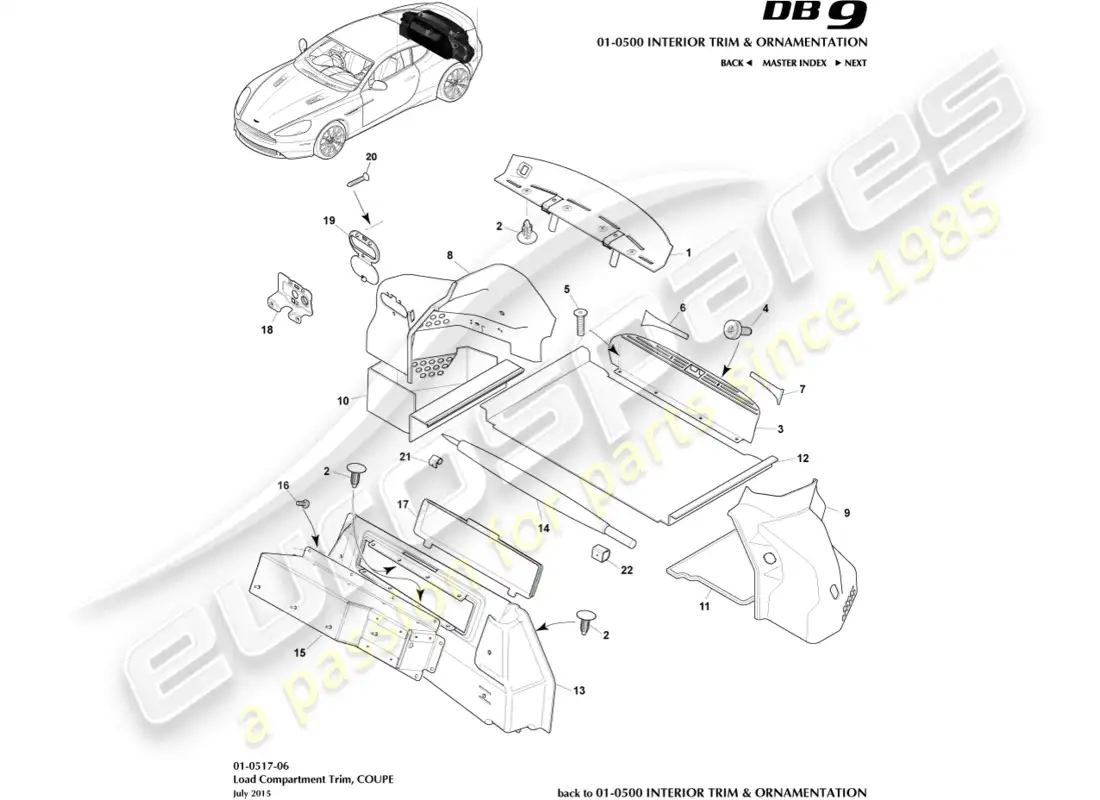 aston martin db9 (2014) embellecedor del compartimento de carga, cupé diagrama de piezas