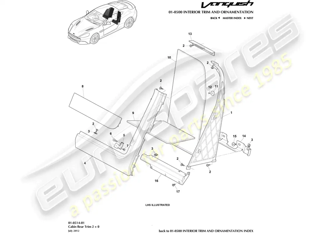 aston martin vanquish (2015) embellecedor trasero de cabina, 2+0 coupé diagrama de piezas