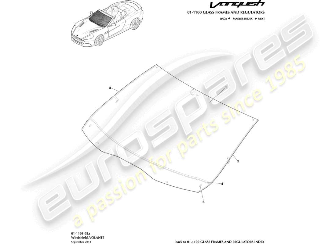 aston martin vanquish (2015) parabrisas, diagrama de piezas de volante