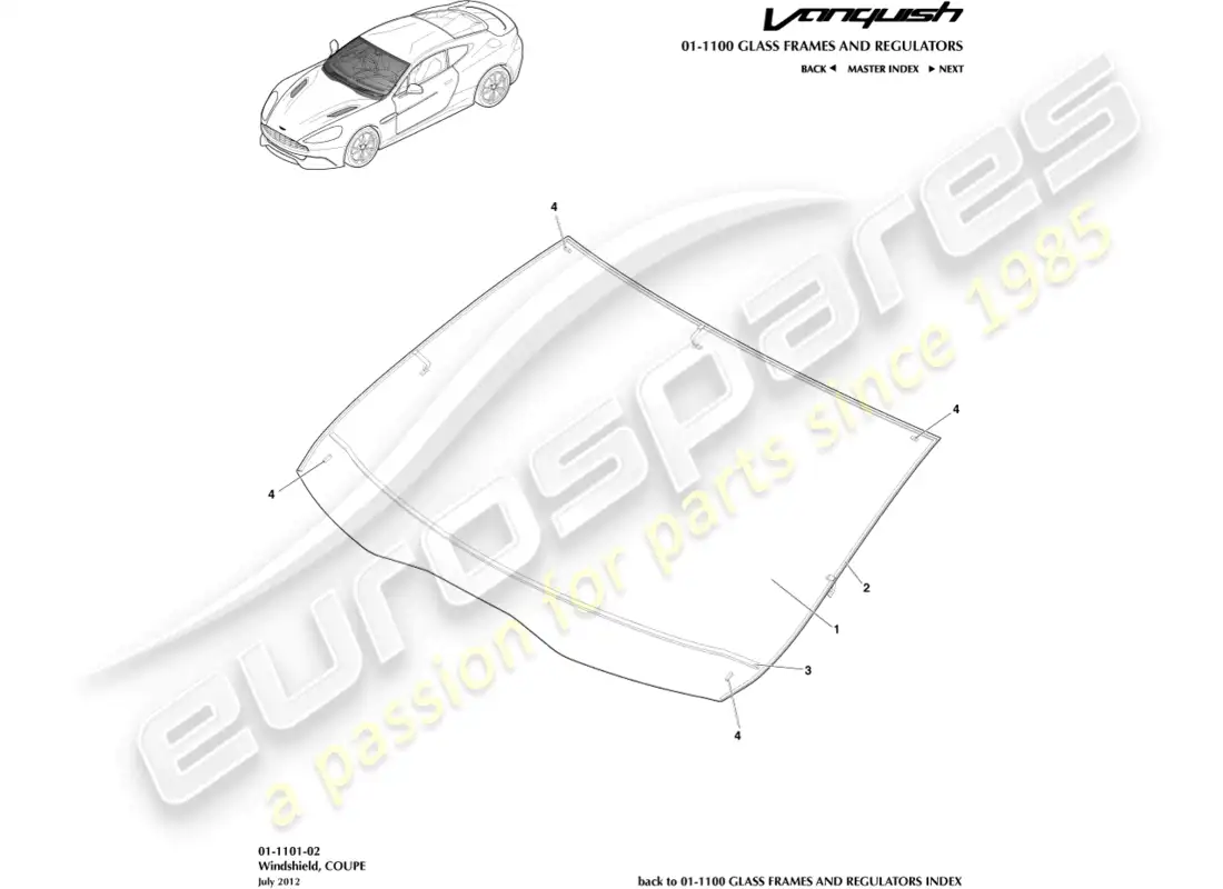 aston martin vanquish (2015) parabrisas, coupé diagrama de piezas