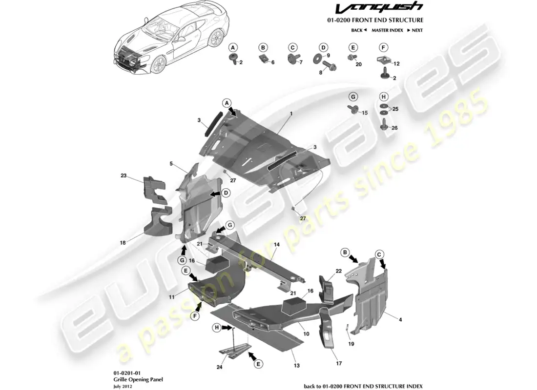 aston martin vanquish (2015) panel de apertura de rejilla diagrama de piezas