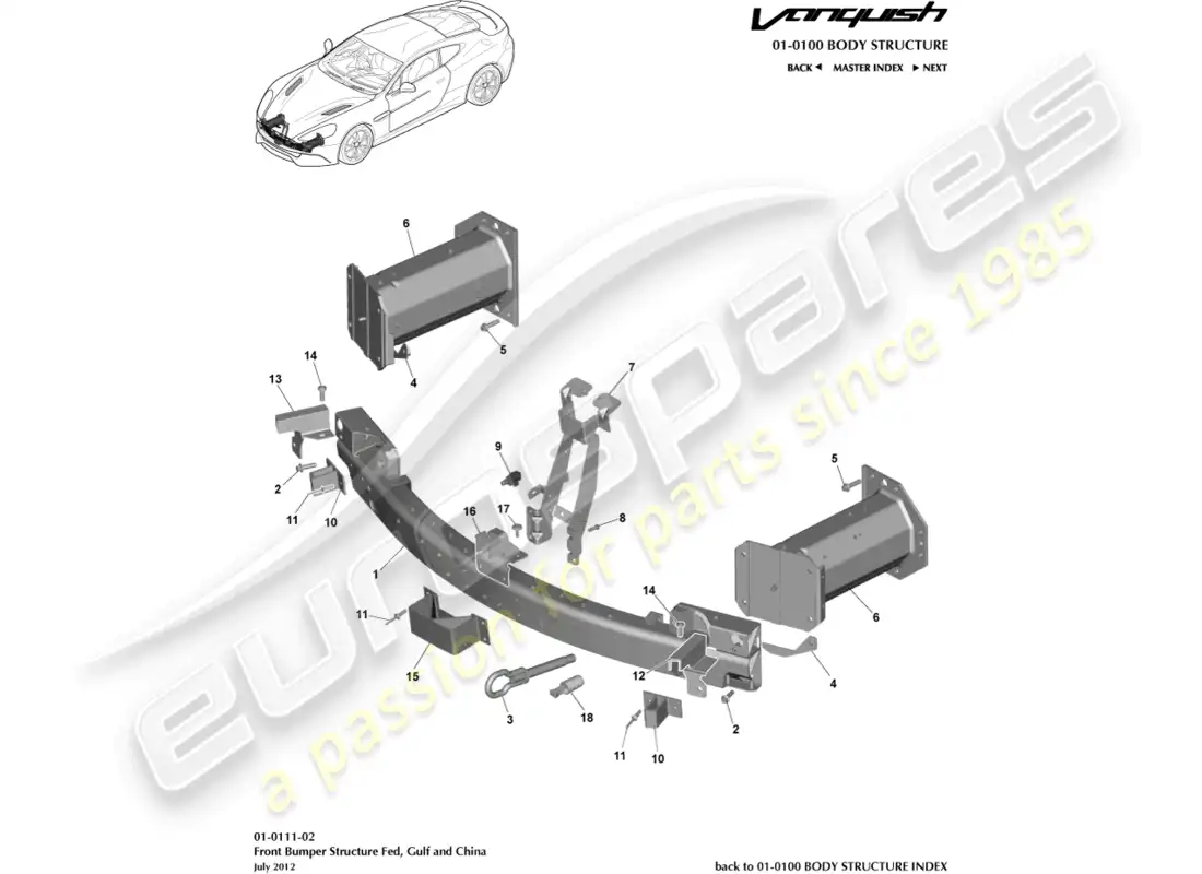 aston martin vanquish (2015) estructura del parachoques delantero, federal diagrama de piezas