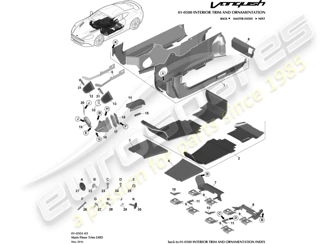aston martin vanquish (2015) moldura del piso principal, lhd diagrama de piezas