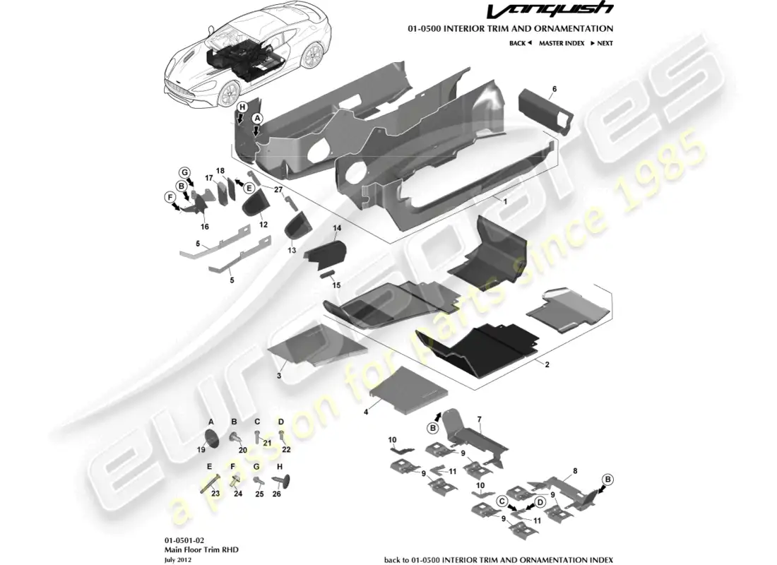 aston martin vanquish (2015) moldura del piso principal, lado derecho diagrama de piezas