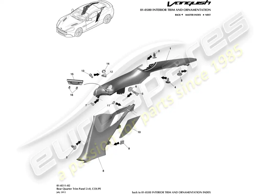 aston martin vanquish (2015) panel embellecedor del cuarto trasero, 2+0 coupé diagrama de piezas