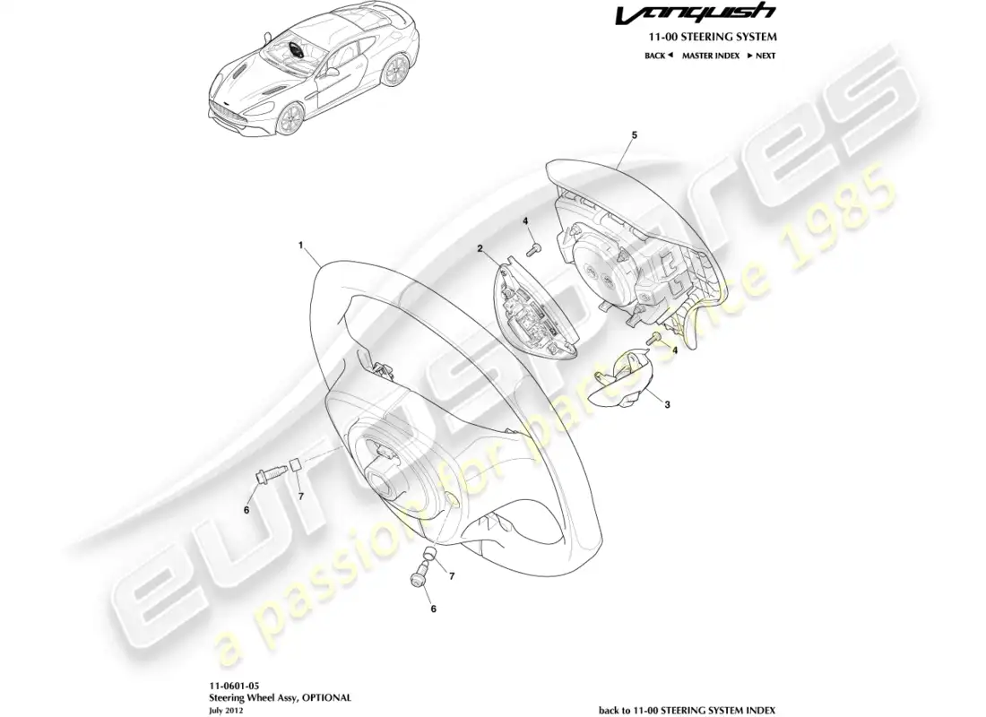 aston martin vanquish (2018) volante, diagrama de piezas opcionales