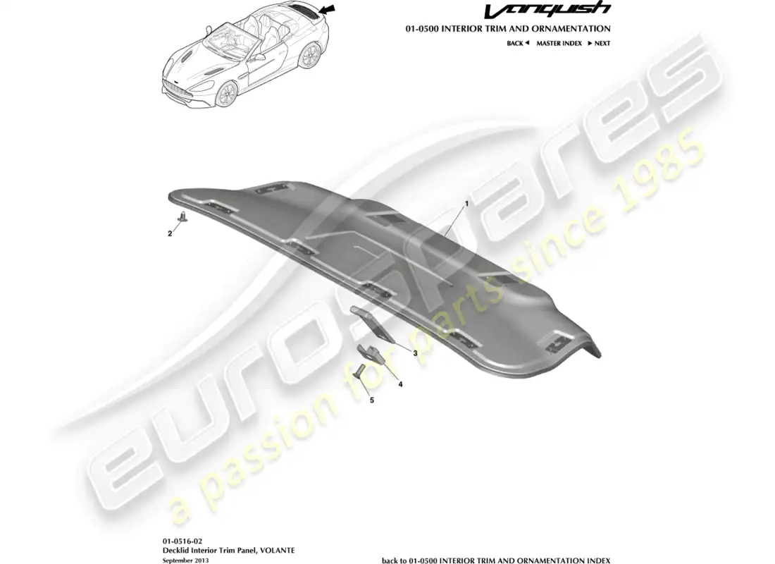 aston martin vanquish (2017) panel embellecedor del portón trasero, volante diagrama de piezas
