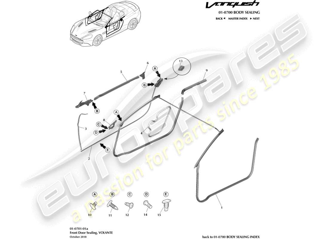 aston martin vanquish (2015) burletes para puertas, diagrama de piezas de volante