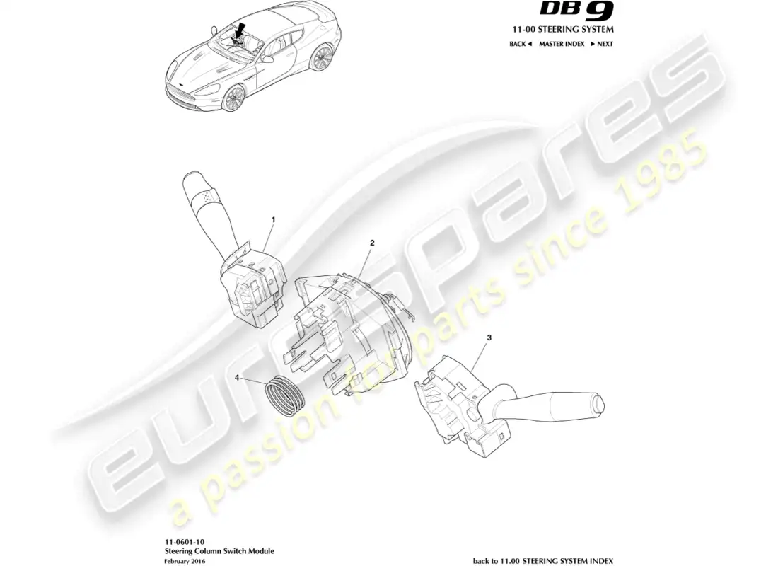 aston martin db9 (2016) conjunto de interruptor de columna diagrama de piezas