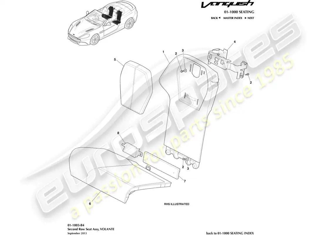 aston martin vanquish (2015) asientos traseros, volante diagrama de piezas