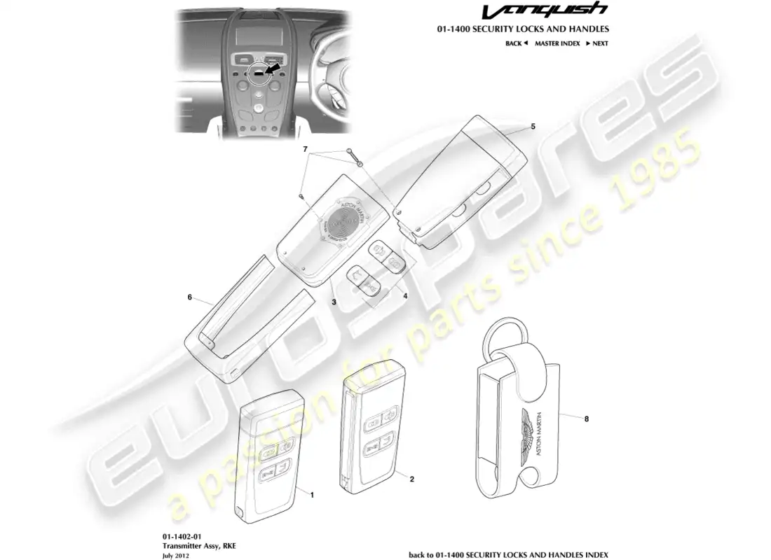 aston martin vanquish (2015) transmisor rke diagrama de piezas