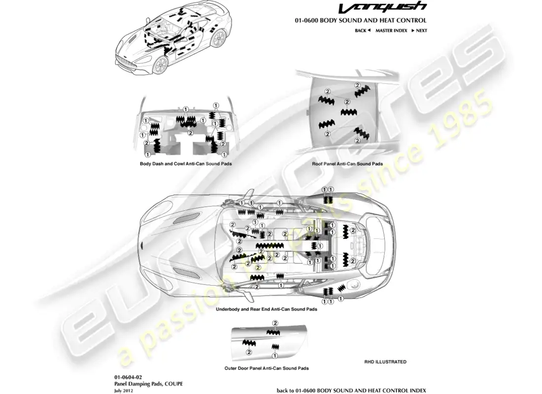 aston martin vanquish (2017) almohadillas anti-can, coupé diagrama de piezas