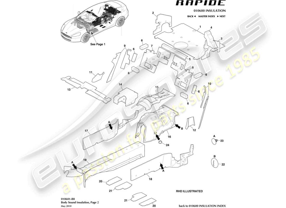 aston martin rapide (2016) aislamiento acústico, trasero diagrama de piezas