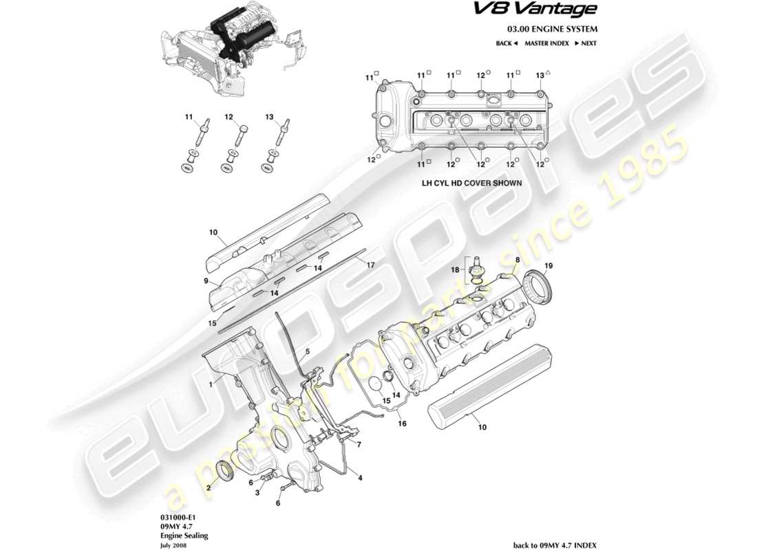 aston martin v8 vantage (2012) diagrama de piezas de sellado del motor